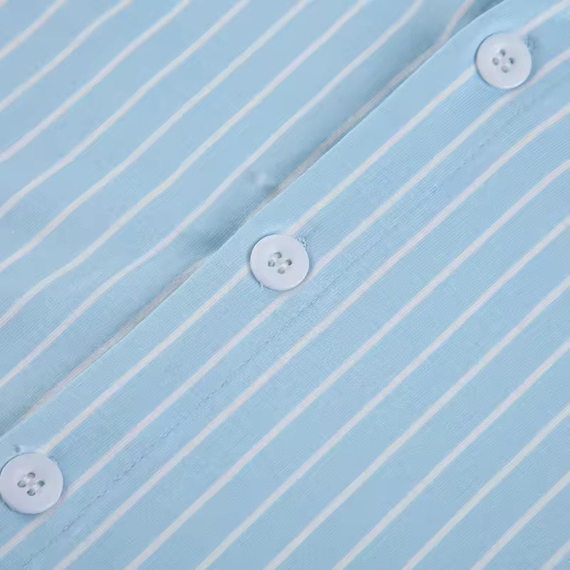 Short Sleeve Striped Button Up Shirt - Baby Blue
