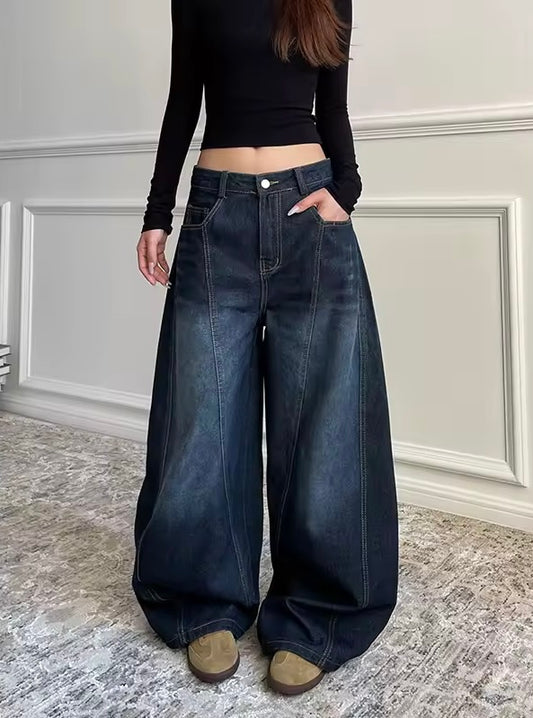 Retro Wide Leg Denim Jeans - Shaded Blue