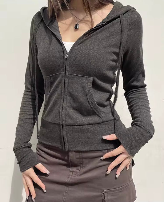 Casual Zip Drawstring Hoodie - Dark Grey