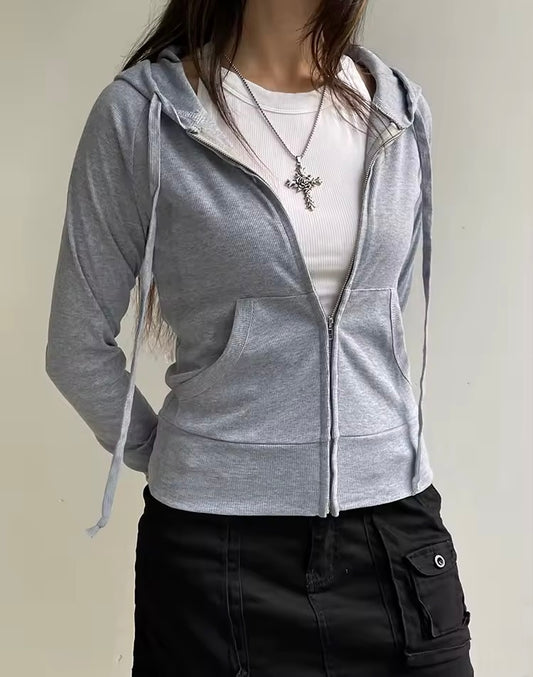 Casual Zip Drawstring Hoodie - Grey