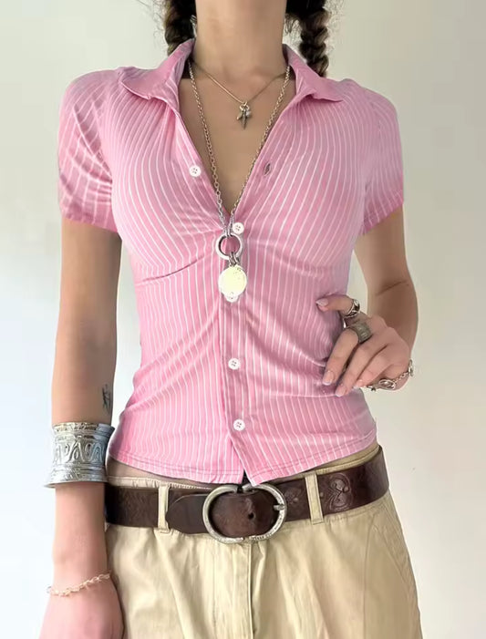 Short Sleeve Striped Button Up Shirt - Baby Pink